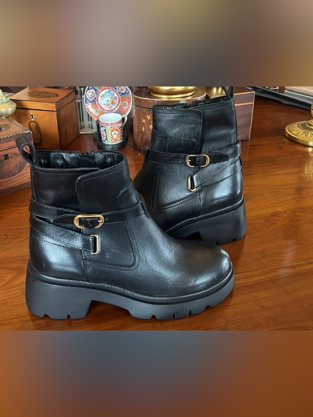 Steve Madden Colletta Leather Buckle Detail Lug Sole Booties - Picture 2 of 14